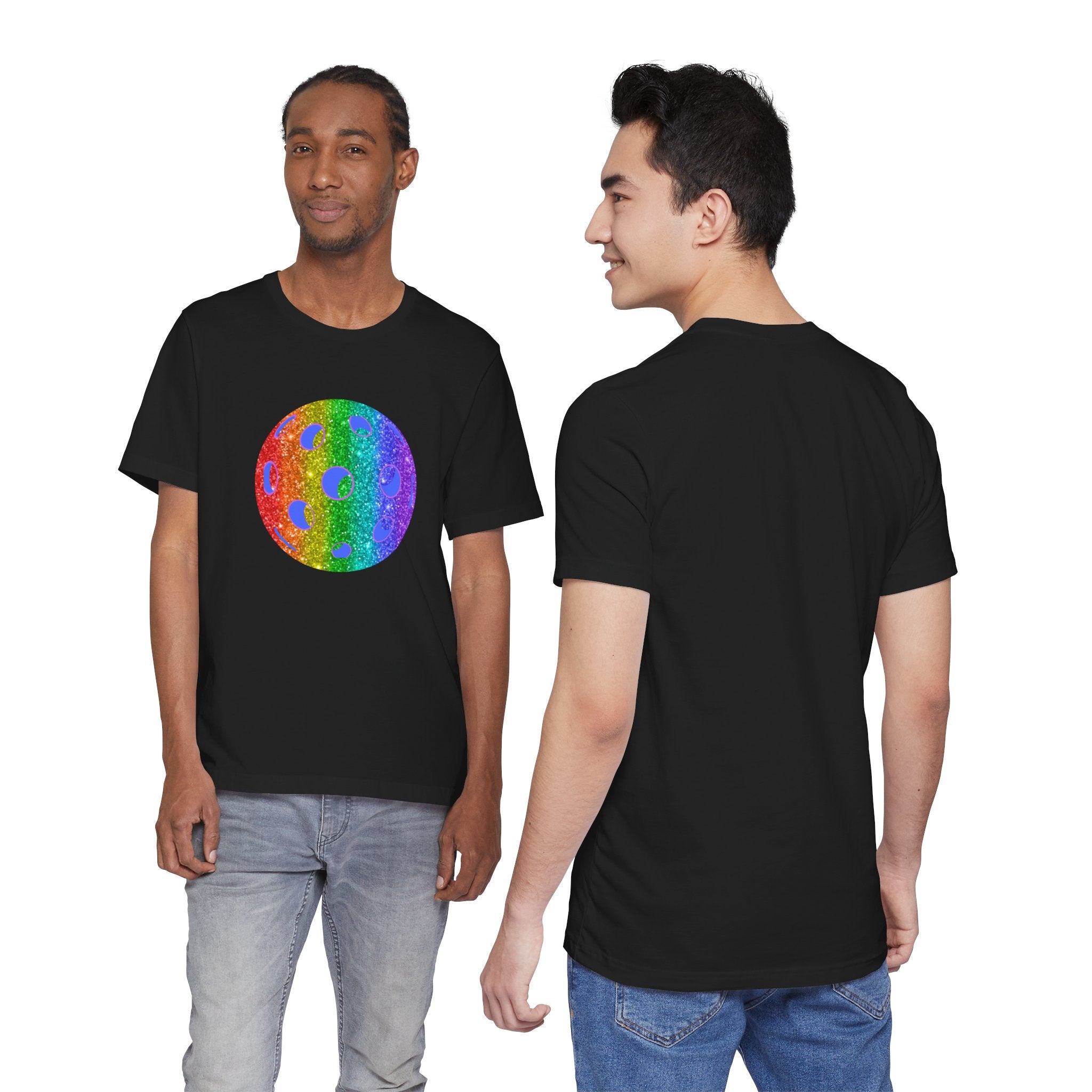 Rainbow glitter pickleball pride T-shirt by Printify featuring bold, colorful rainbow design on a comfortable cotton tee.
