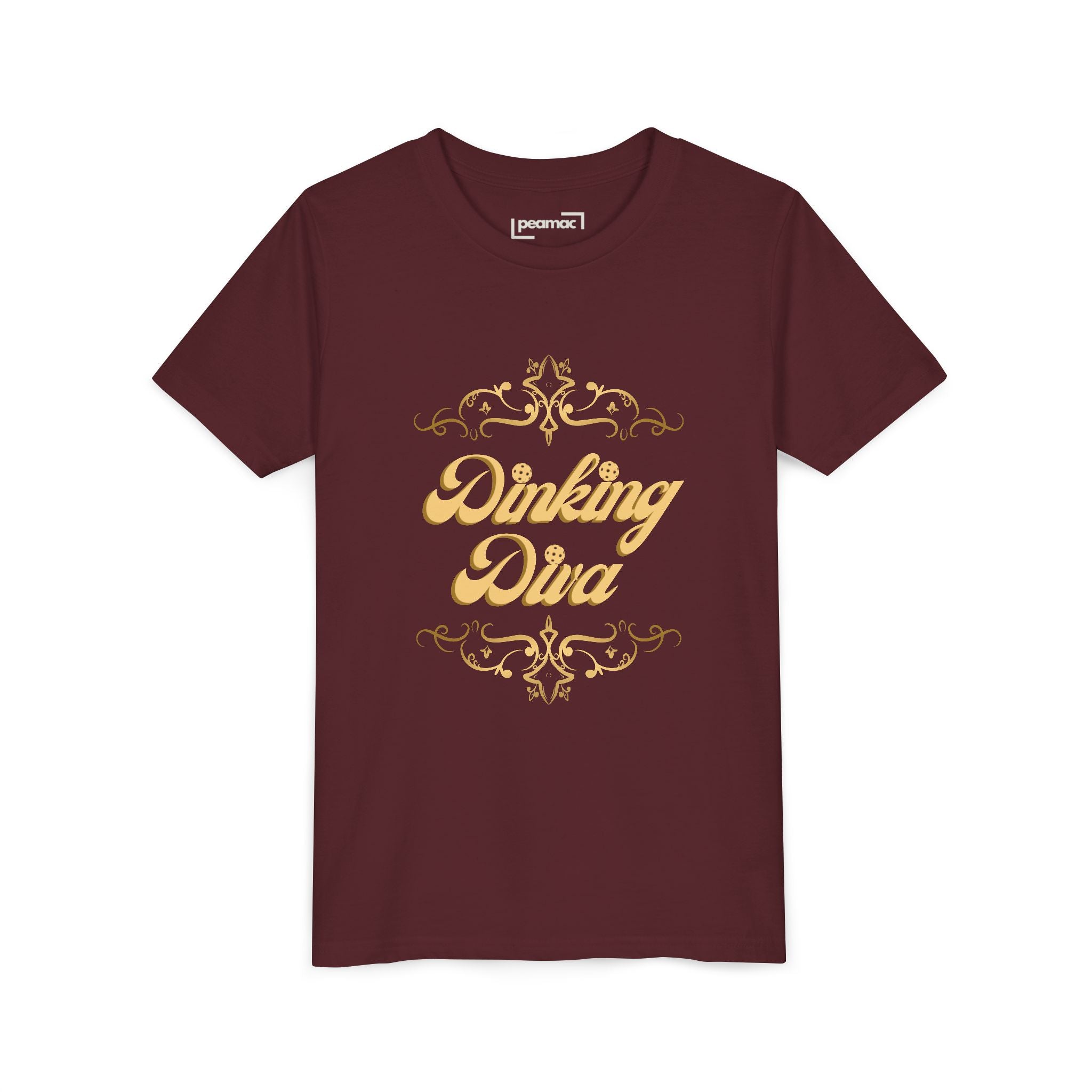 Youth Dinking Diva T-shirt with gold filigree pickleball graphic, kids' casual tee from Printify featuring colorful design.