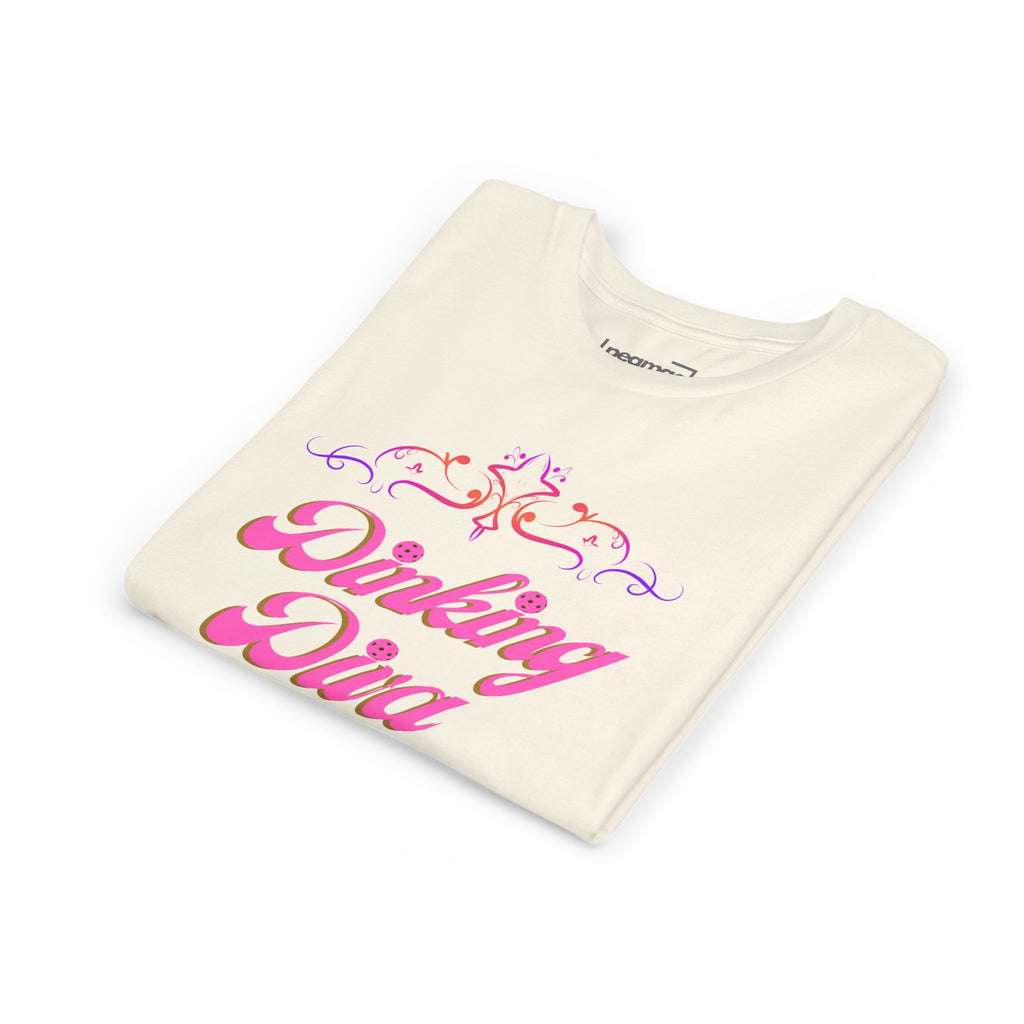 Pink Dinking Diva youth pickleball shirt for kids, featuring a stylish filigree pickleball graphic, by Printify.