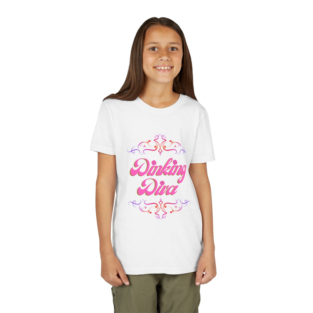 Pink Dinking Diva Youth Tee with filigree pickleball design, kids' pink shirt by Printify featuring playful pickleball graphics.