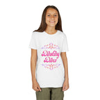Pink Dinking Diva Youth Tee with filigree pickleball design, kids' pink shirt by Printify featuring playful pickleball graphics.