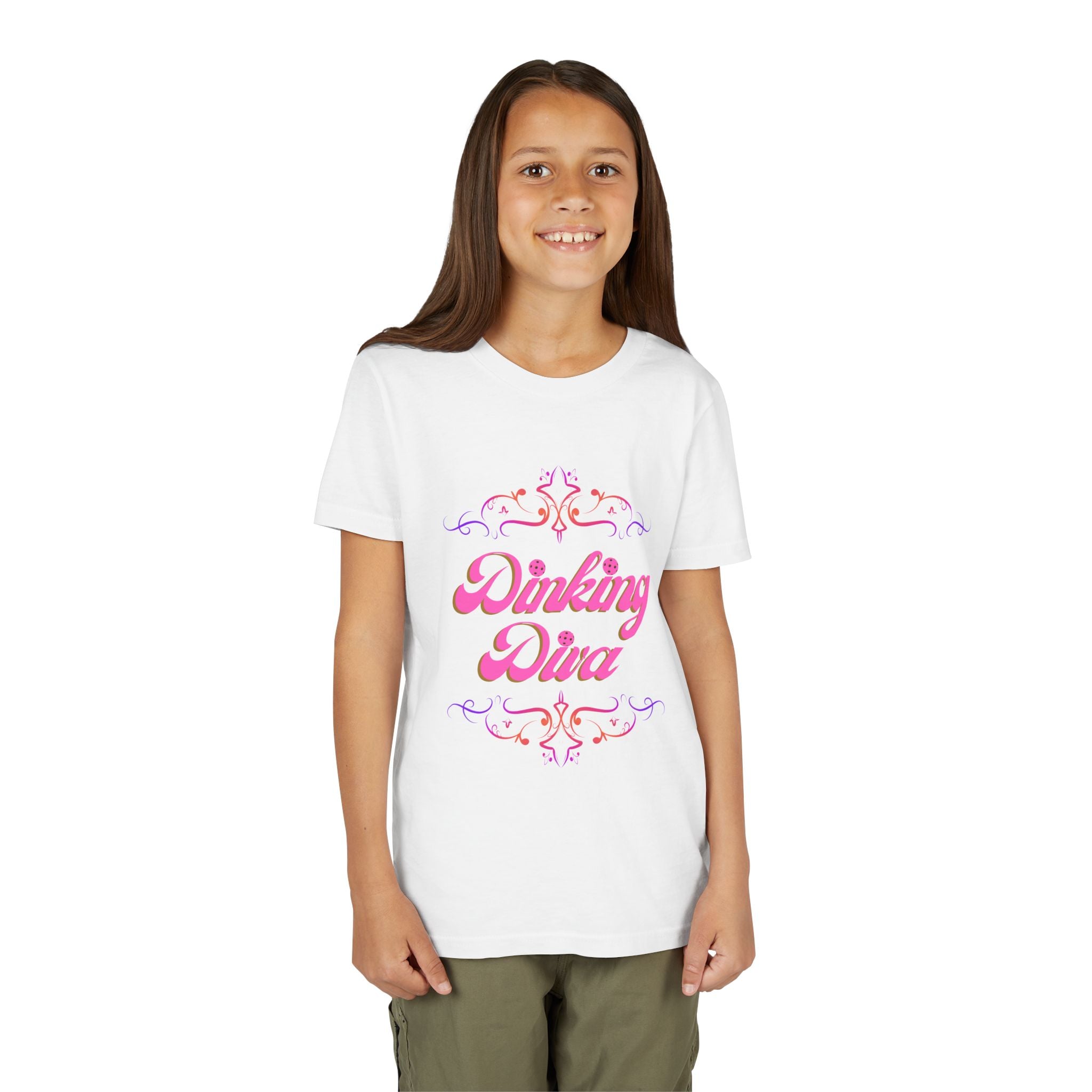 Pink Dinking Diva Youth Tee with filigree pickleball design, kids' pink shirt by Printify featuring playful pickleball graphics.