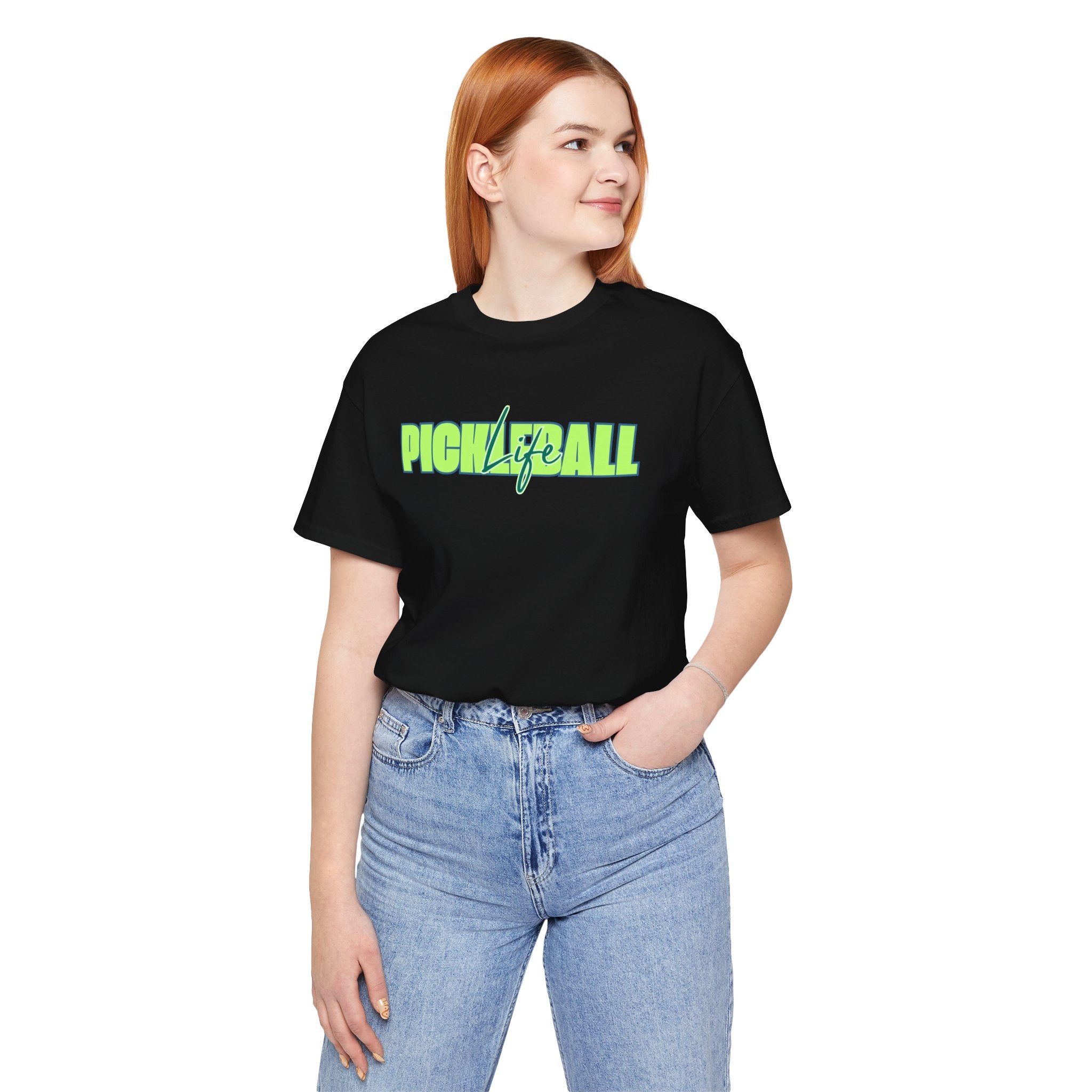 Unisex pickleball life T-shirt with bold green and blue graphic design, made by Printify.