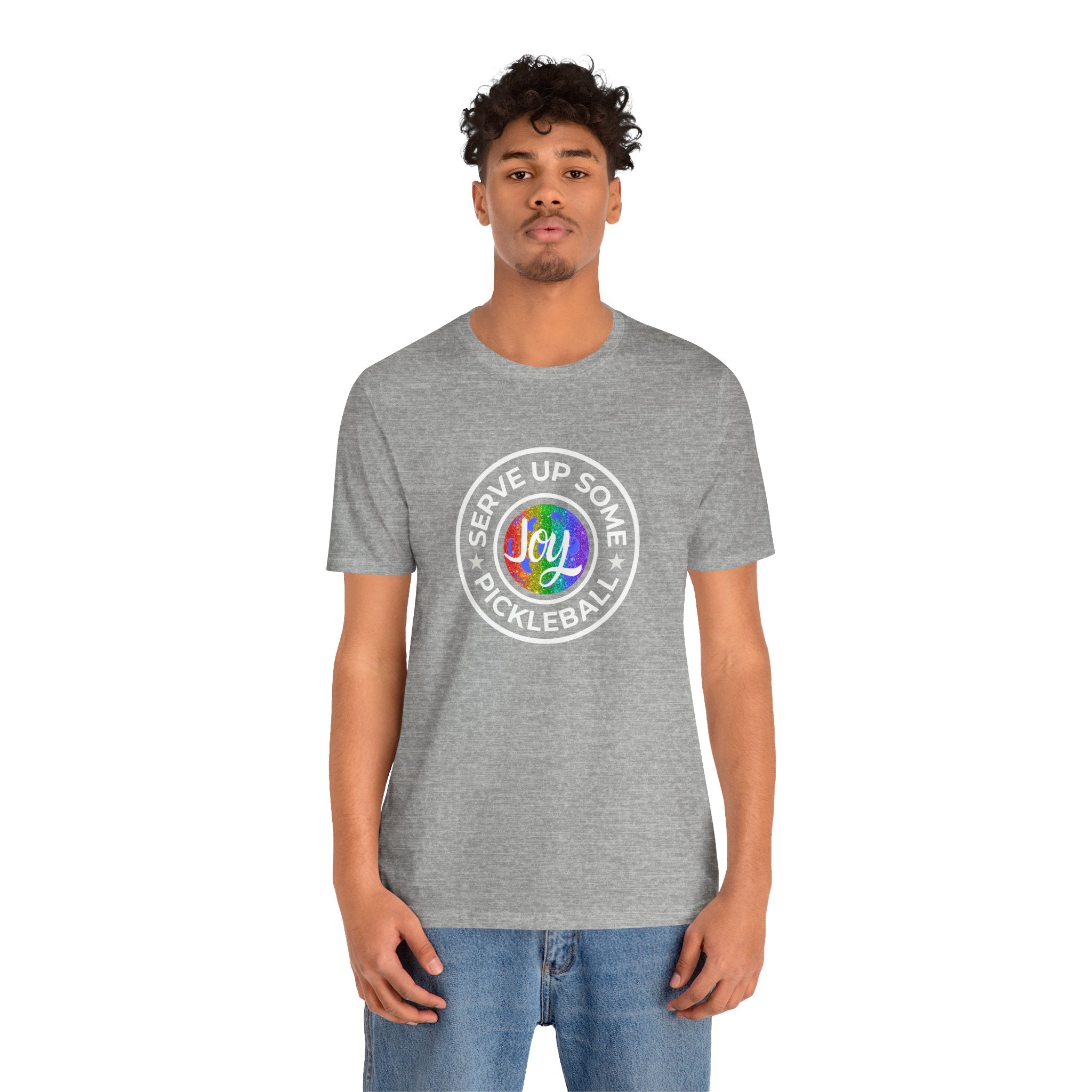 LGBTQ2 pride pickleball T-shirt from Printify featuring colorful rainbow design and joyful pickleball graphics.