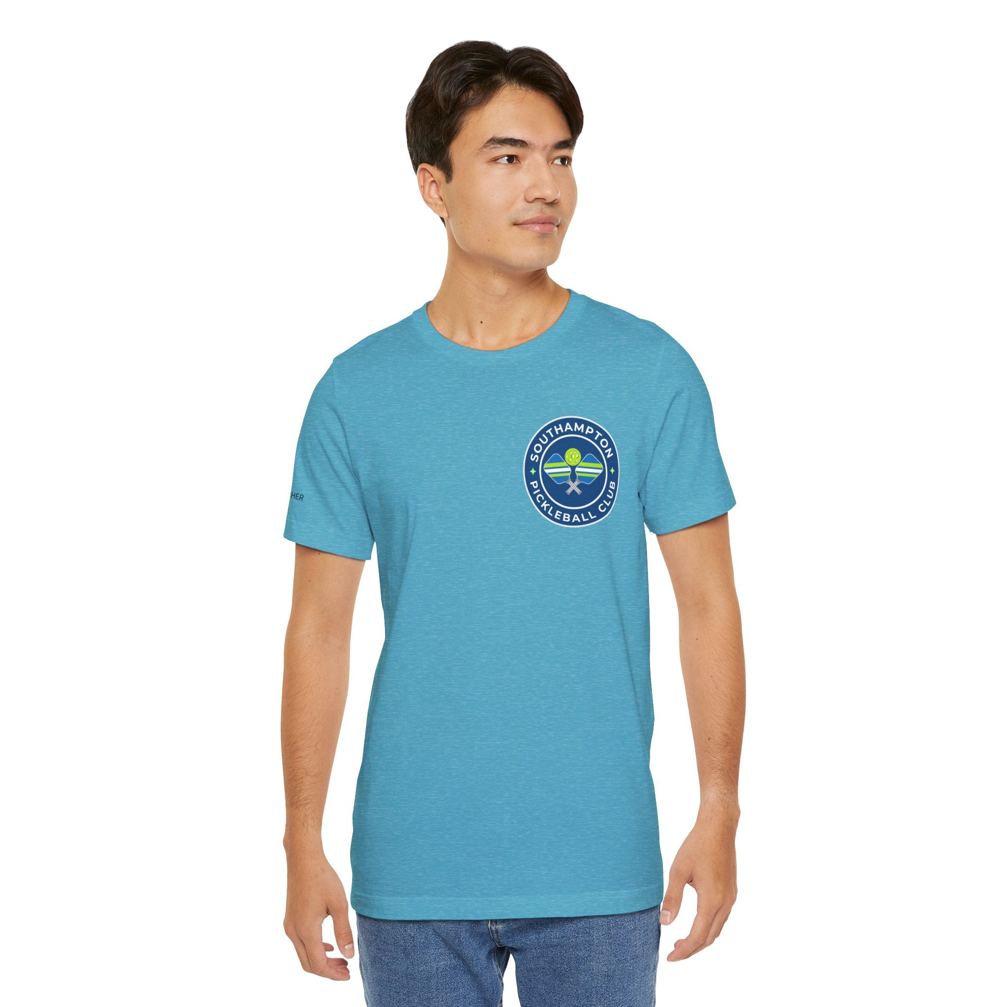 Personalized pickleball T-shirt by Printify featuring custom name sleeve, club logo, and pickleball graphic on the center back.
