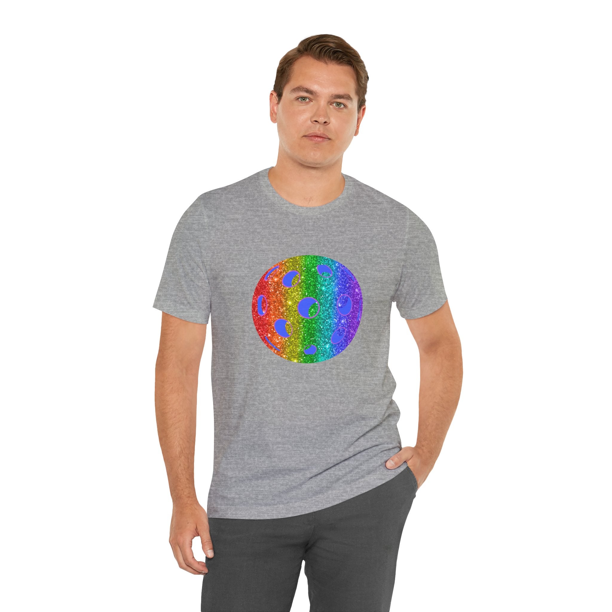 Rainbow glitter pickleball pride T-shirt by Printify featuring bold colorful LGBTQ+ themed design on a comfortable cotton tee.