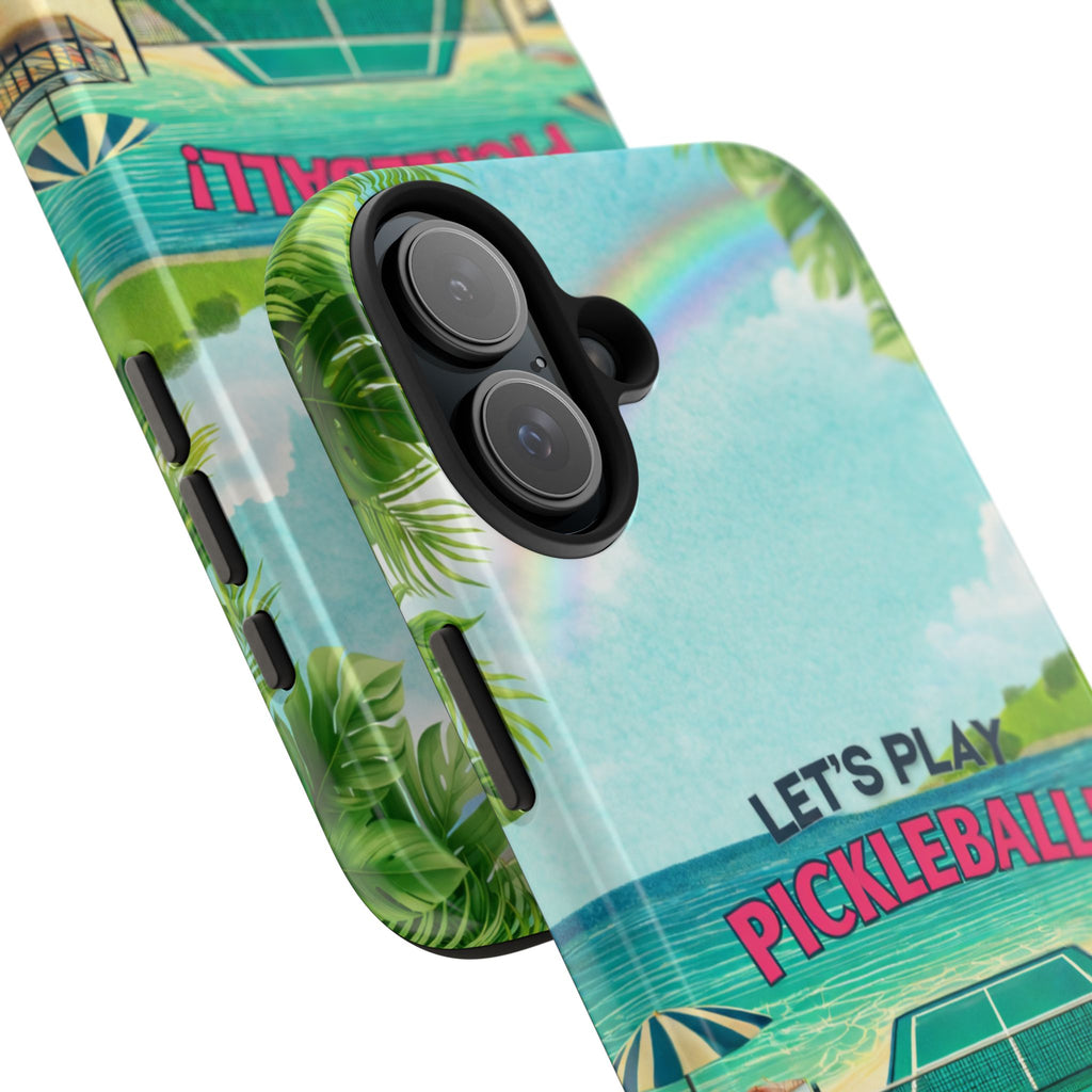 Tropical-themed Printify Let's Play Pickleball phone case with beach and court design, protective for smartphone.