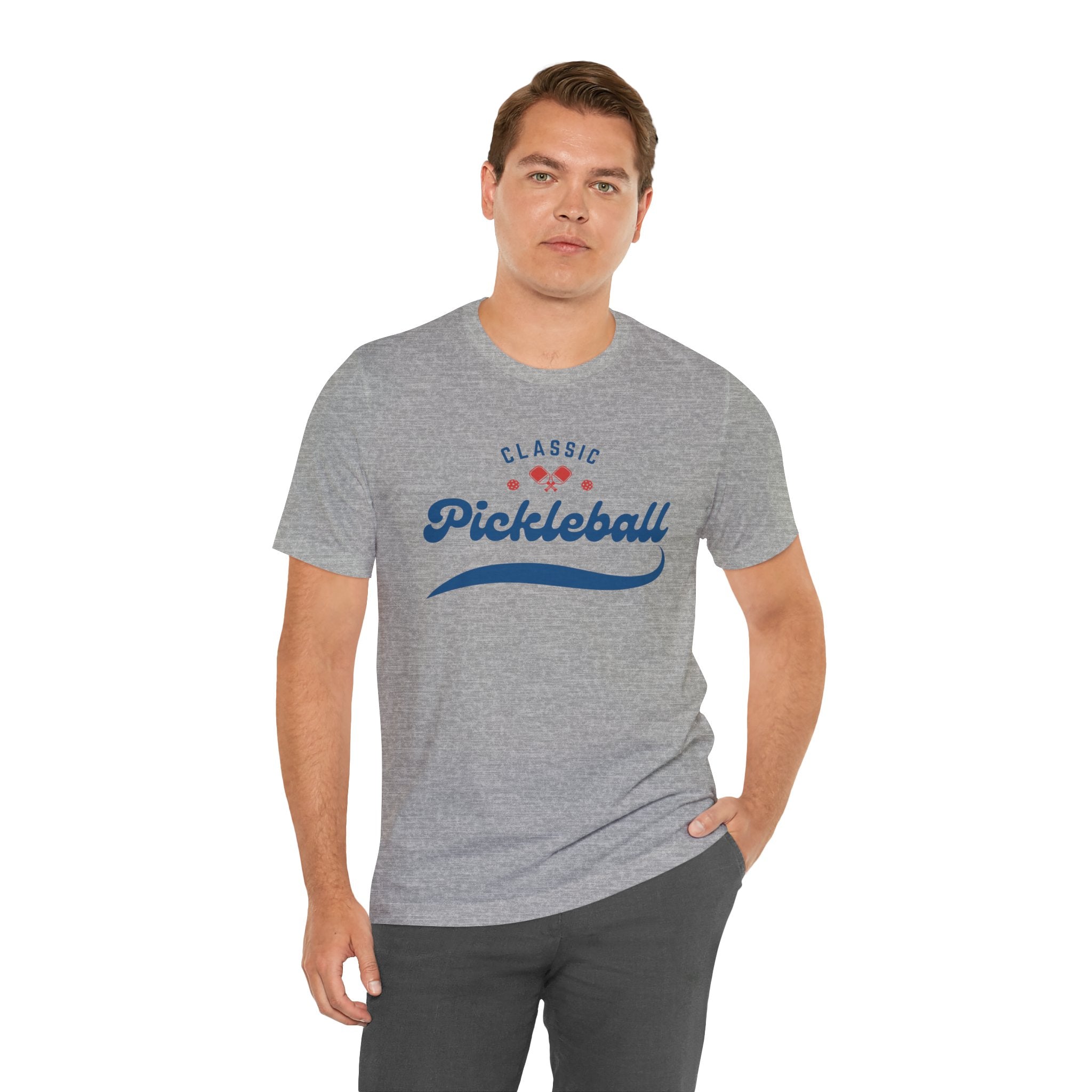 Red and blue pickleball paddle and ball graphic on a classic script tee, casual T-shirt by Printify.