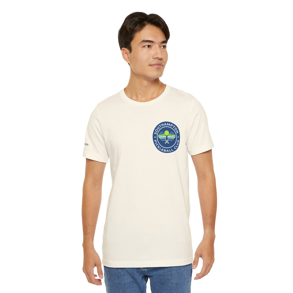 Personalized pickleball T-shirt with custom name sleeve and club logo on the back, featuring a centered pickleball graphic.
