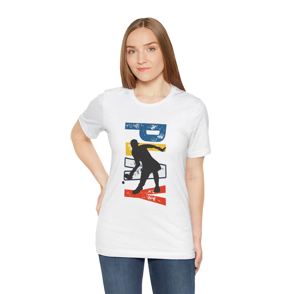 Women's retro-inspired pickleball T-shirt with vertical "PICKLEBALL" back print, by Printify, casual athletic wear.