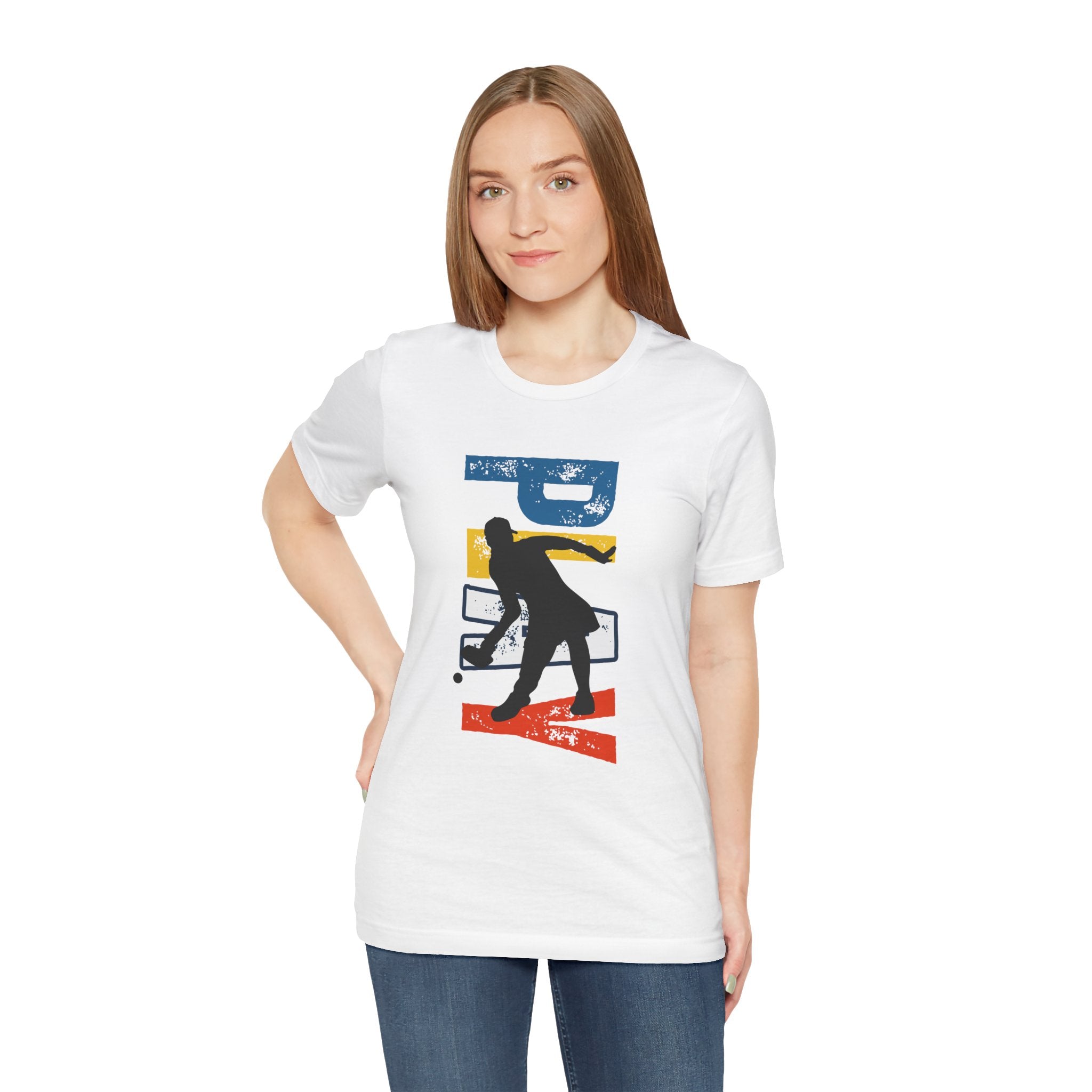 Women's retro-inspired pickleball T-shirt with vertical "PICKLEBALL" back print, by Printify, casual athletic wear.
