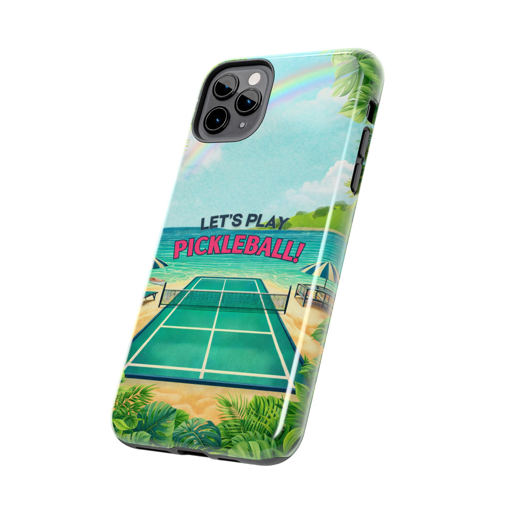 Let's Play Pickleball tropical tough phone case by Printify featuring a beach court design for iPhone and Android devices.