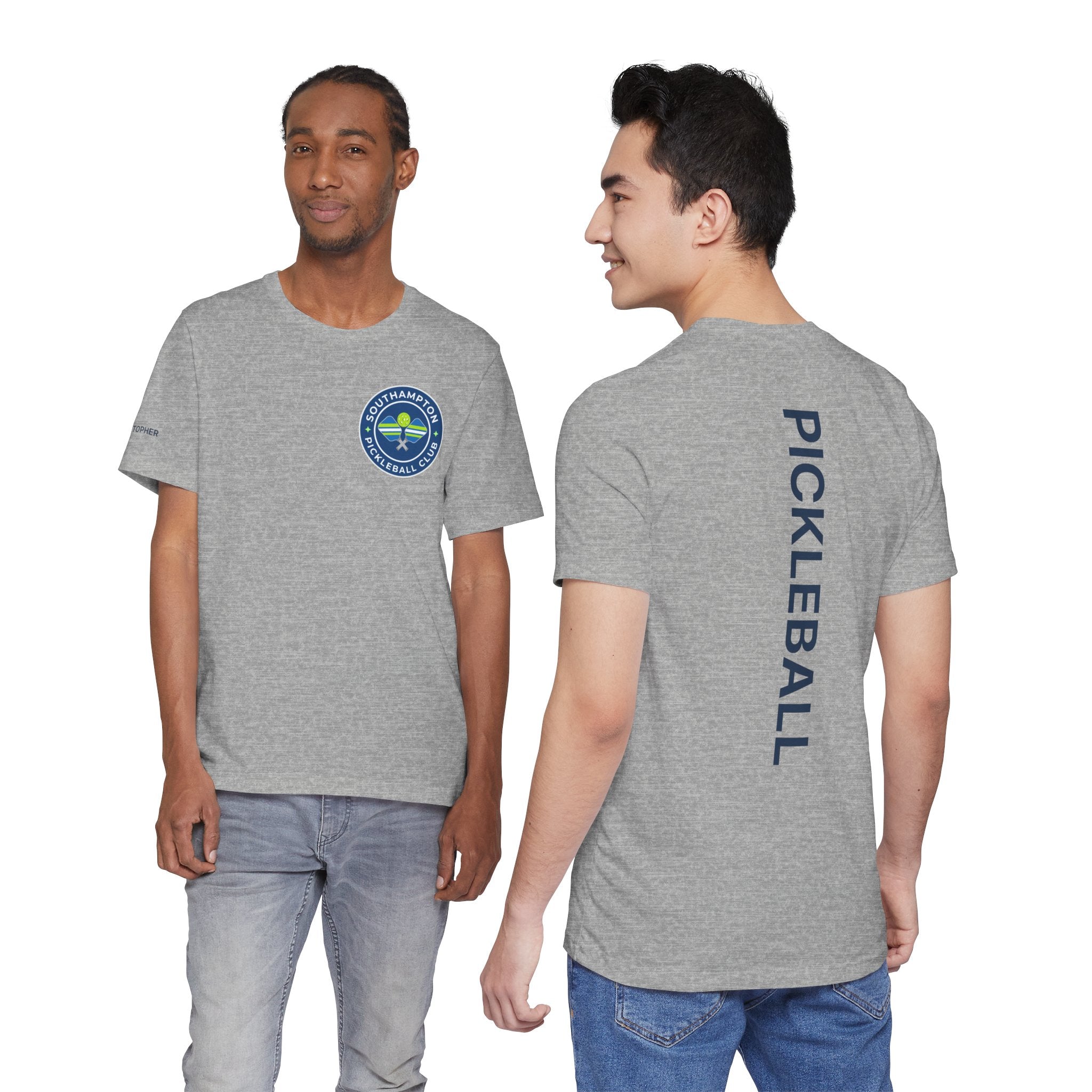 Custom pickleball T-shirt featuring personalized name sleeve and club logo on the center back, designed by Printify.