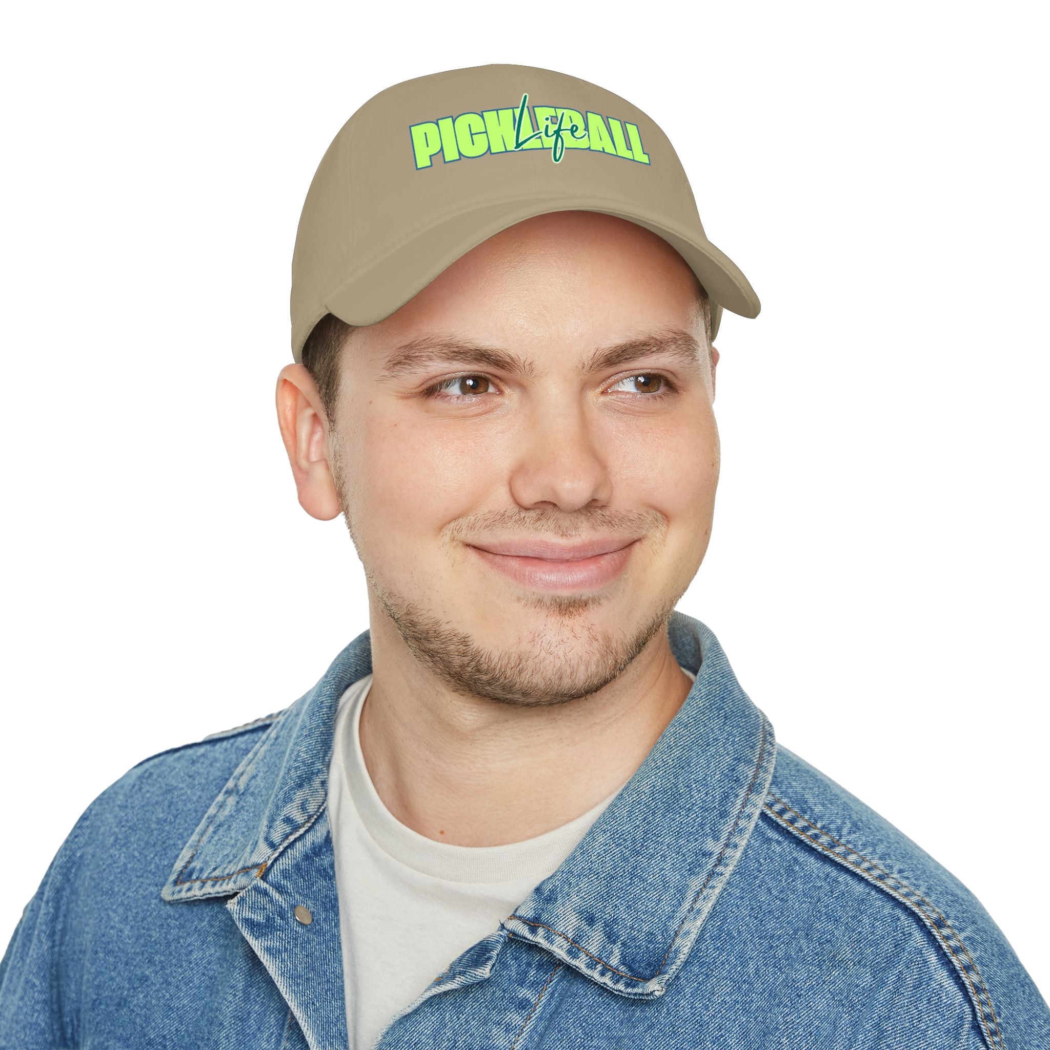 Green and blue script logo Pickleball Life low profile baseball cap by Printify, showcasing adjustable strap and curved brim.