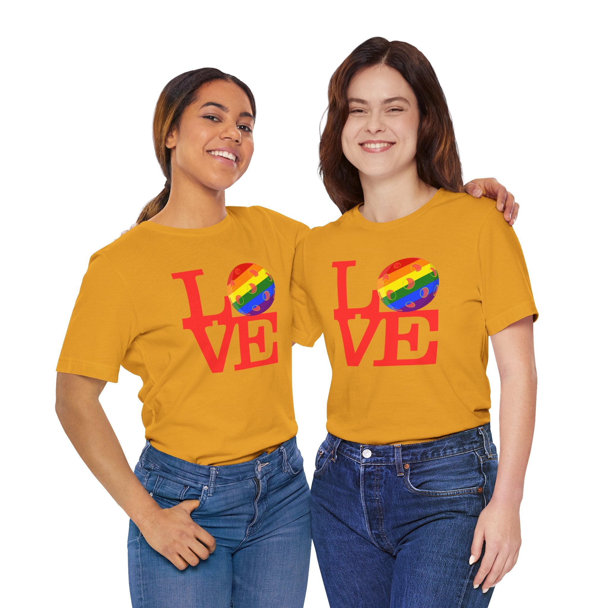 Rainbow LGBTQ2 pride T-shirt with "LOVE Pickleball" graphic, casual unisex tee made by Printify, featuring vibrant colors and bold design.
