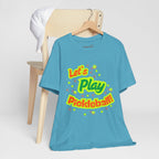 Neon orange and electric green Pickleball Rally T-shirt with court graphic, casual unisex design by Printify.