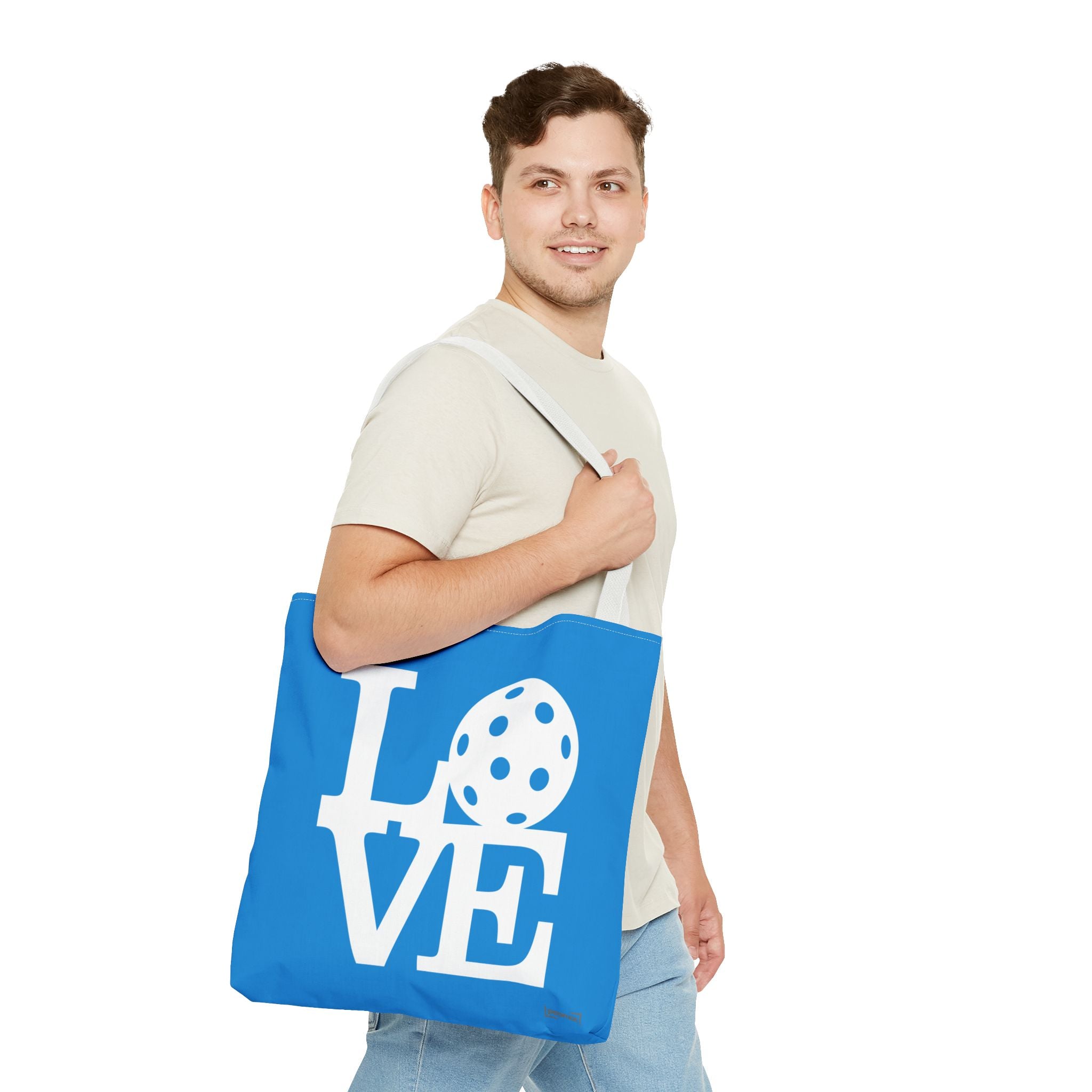 Large Pickleball LOVE tote bag by Printify in classic court blue, shoulder bag with pickleball-themed design.