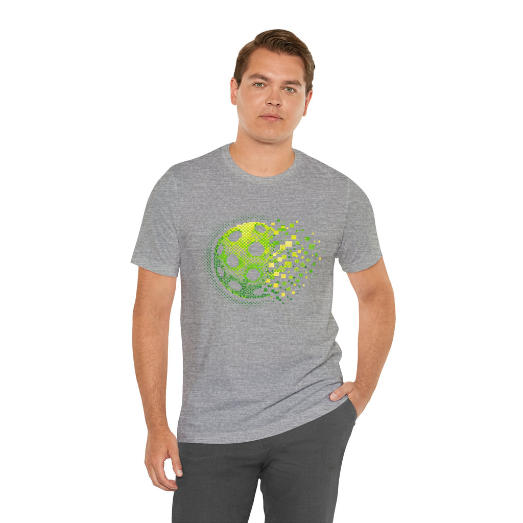 Green Pixelated Pickleball Tee with retro court graphic, casual printify T-shirt showcasing vibrant pickleball design.
