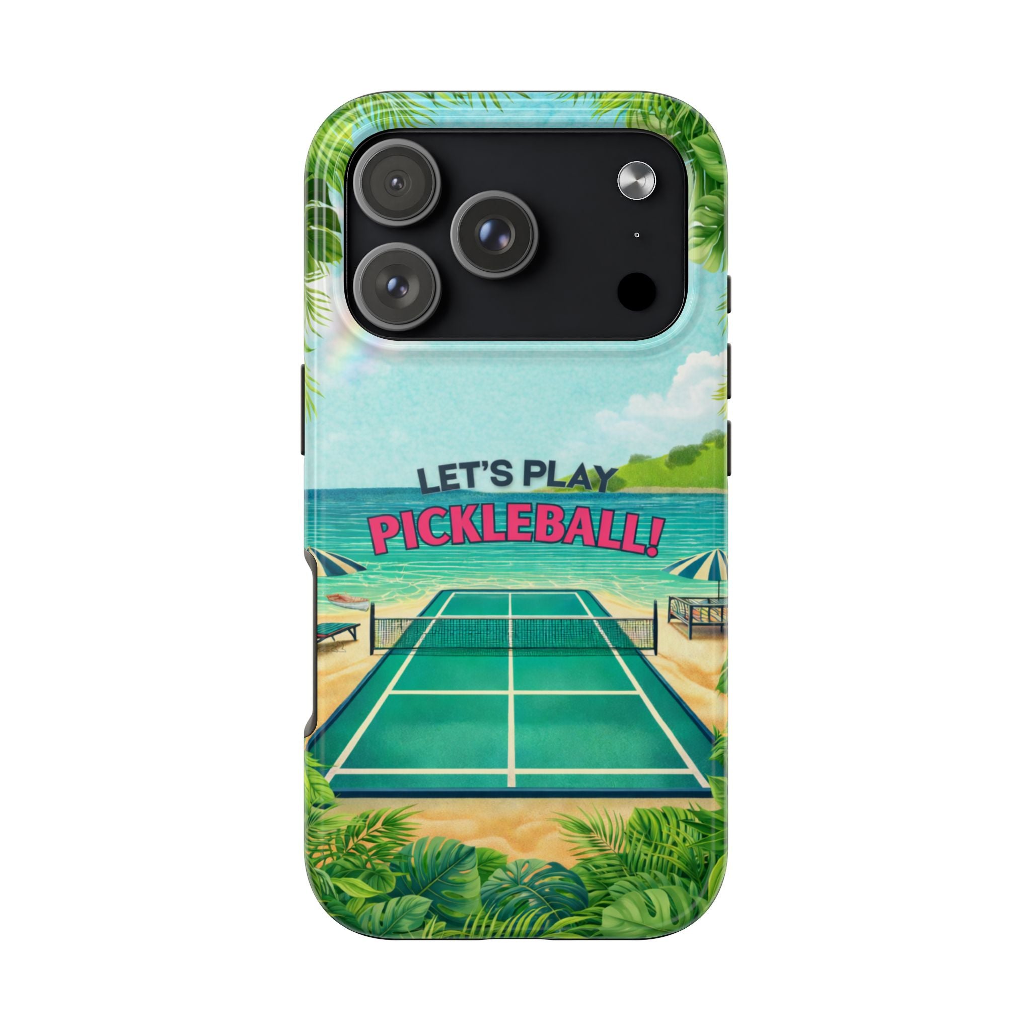 Let's Play Pickleball Tropical Tough Phone Case showing a colorful tropical pickleball design on a durable protective phone case.