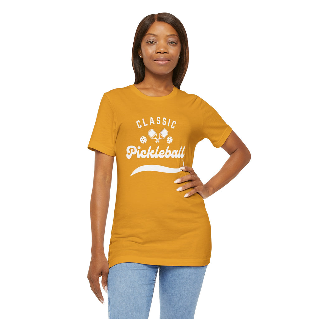 Classic pickleball T-shirt with "Pickleball" script design, comfortable unisex cotton tee for sports and casual wear.