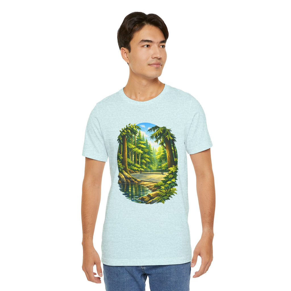 Unisex Hidden Forest Pickleball T-Shirt with Bainbridge Island tribute, featuring nature-inspired design and comfortable fit.