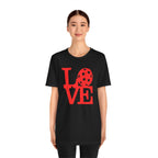 Red LOVE Pickleball graphic T-shirt by Printify featuring bold pop art design on a casual cotton tee.