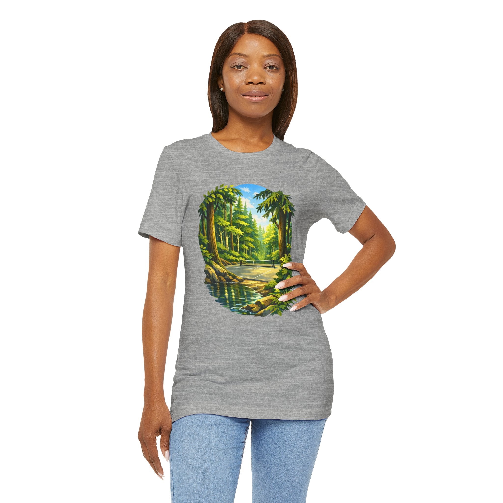 Unisex Hidden Forest Pickleball T-Shirt with Bainbridge Island tribute, printed by Printify, featuring a nature-inspired design.