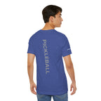 Custom pickleball T-shirt by Printify with personalized name sleeve, club logo, and pickleball graphic on the back.