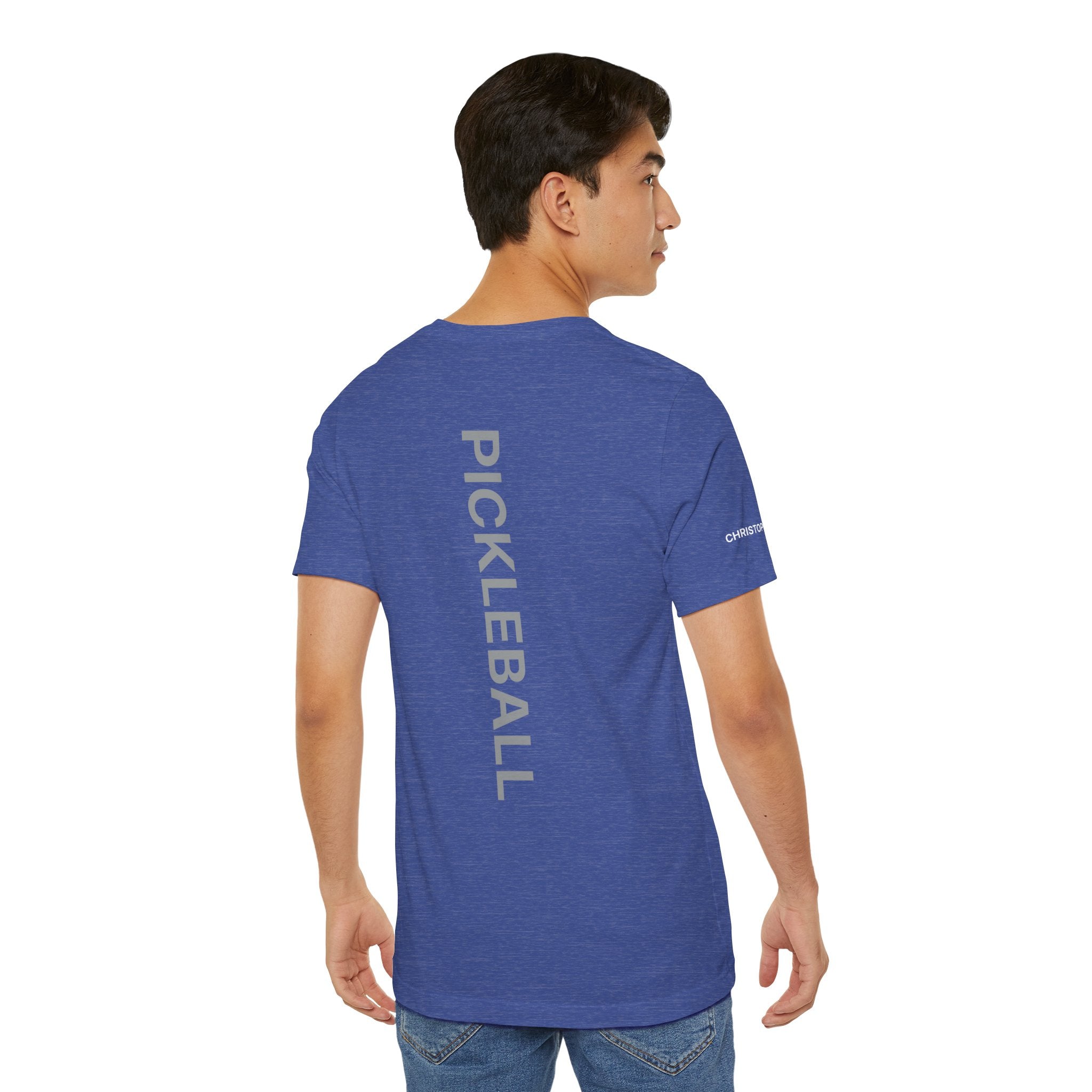 Custom pickleball T-shirt by Printify with personalized name sleeve, club logo, and pickleball graphic on the back.