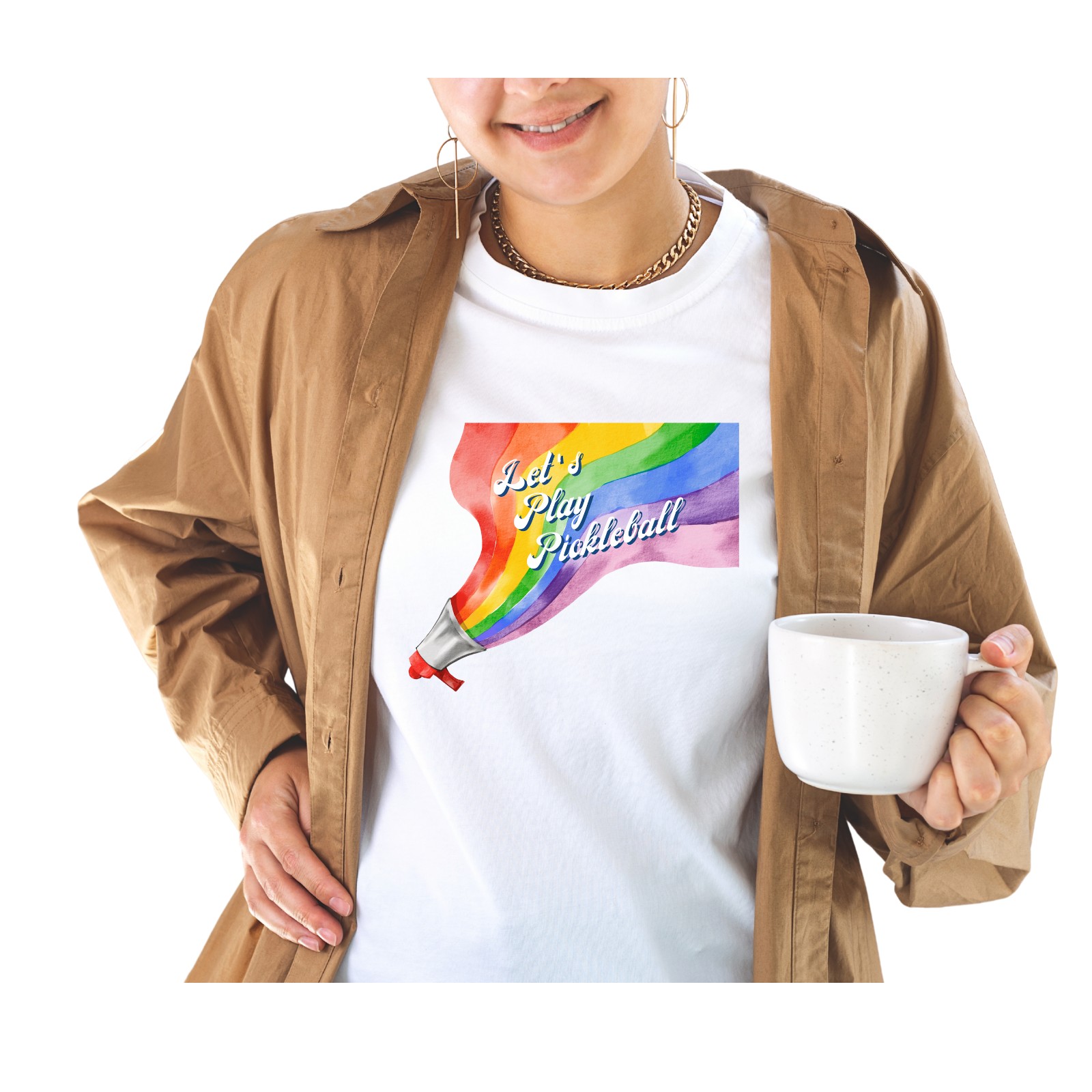 Women's Semi-fitted Shout It Out Proud – Let’s Play Pickleball T-Shirt | Rainbow Megaphone Design | LGBTQ2 Boutique