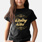 Youth Dinking Diva T-shirt featuring a gold filigree pickleball graphic, kids' casual tee by Printify, shown in vibrant colors.