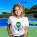 Dinks Responsibly pickleball T-shirt with paddle and ball graphic, humorous pickleball shirt by Printify, casual sportswear.
