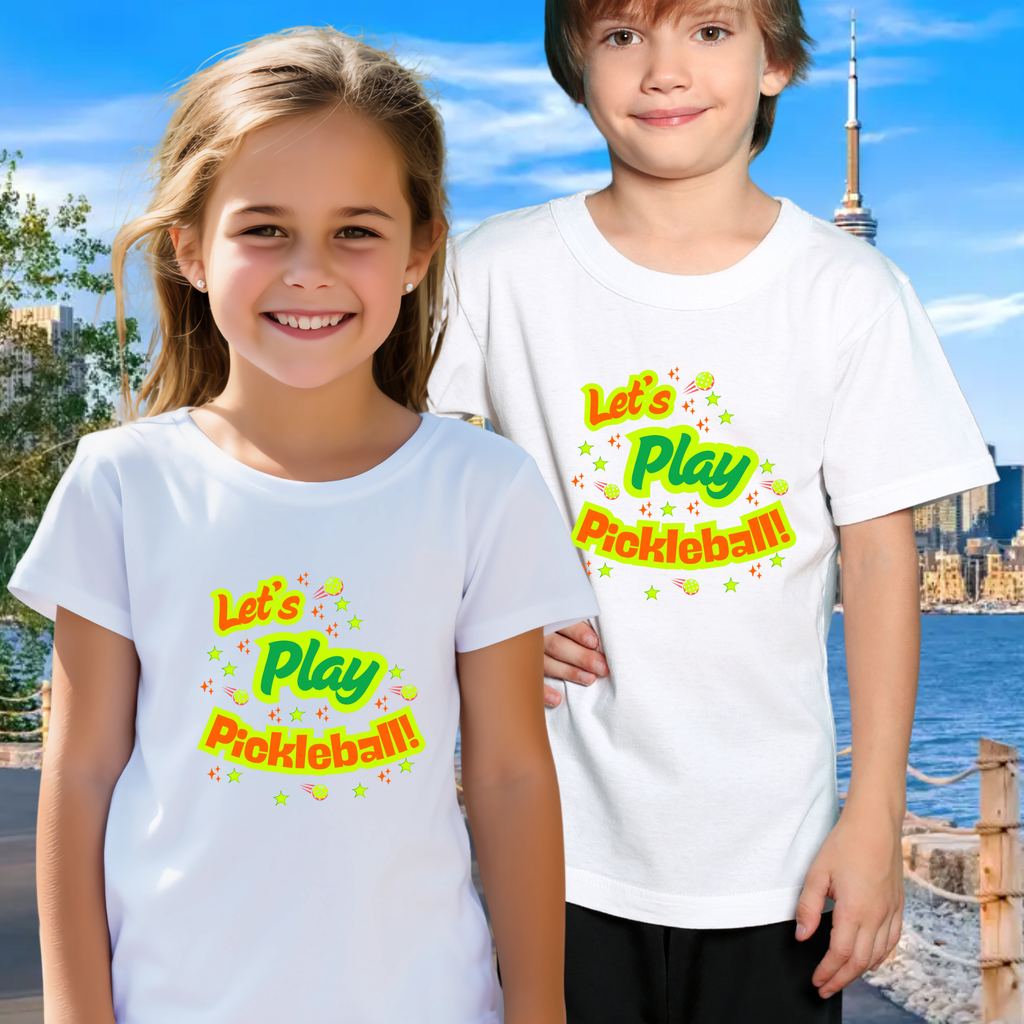 Youth neon pickleball graphic tee for kids featuring colorful pickleball design, comfortable printify kids' clothing shirt