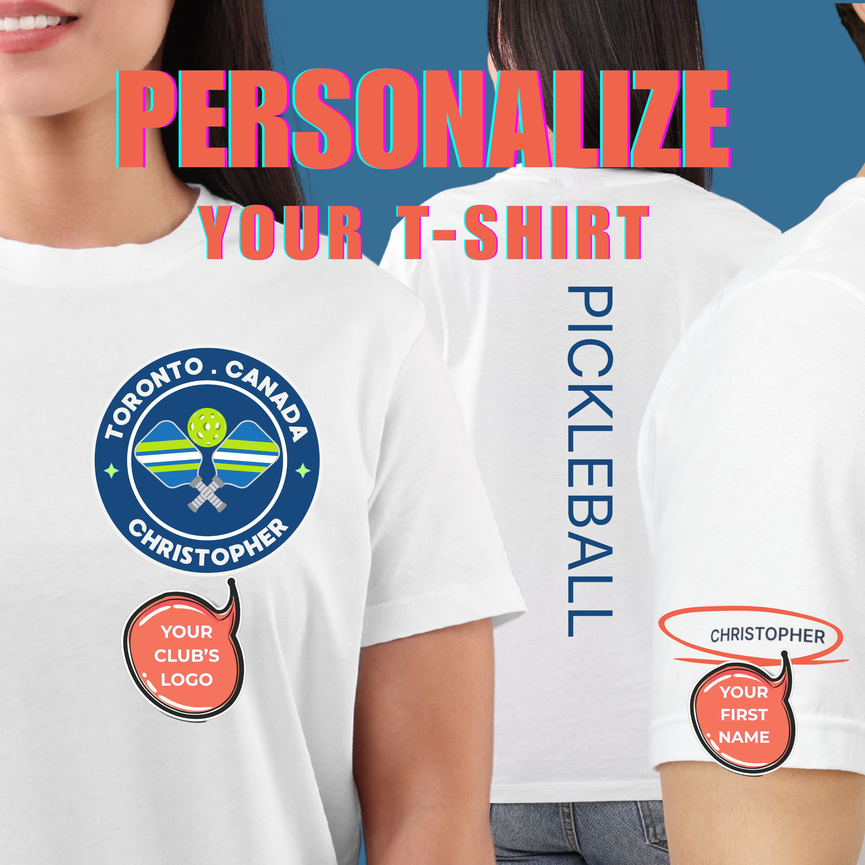 Personalized Pickleball Tee — Custom Name Sleeve & Club Logo - Pickleball on the Center Back-PeaMac Tees