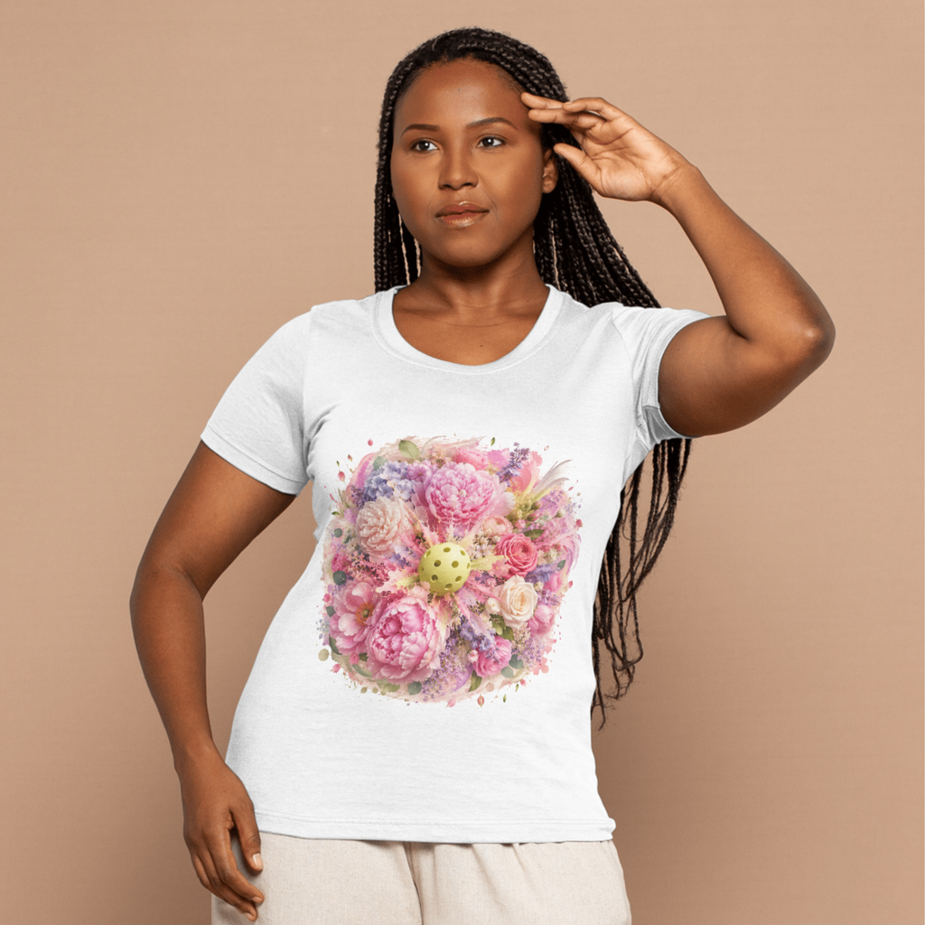 Unisex Peony Pickleball Tee by Printify, premium cotton t-shirt with a colorful peony pickleball design on the front.