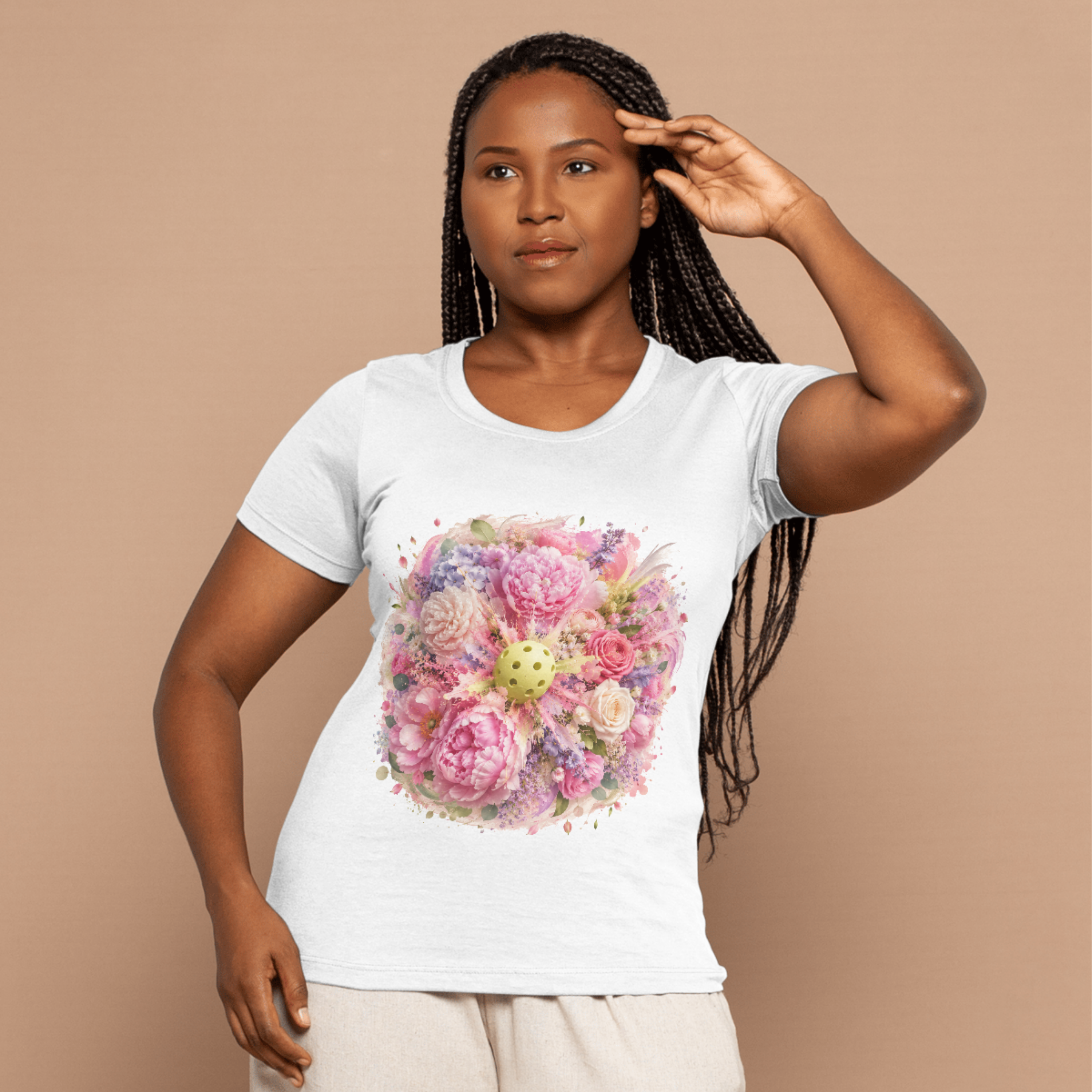 Unisex Peony Pickleball Tee by Printify, premium cotton t-shirt with a colorful peony pickleball design on the front.