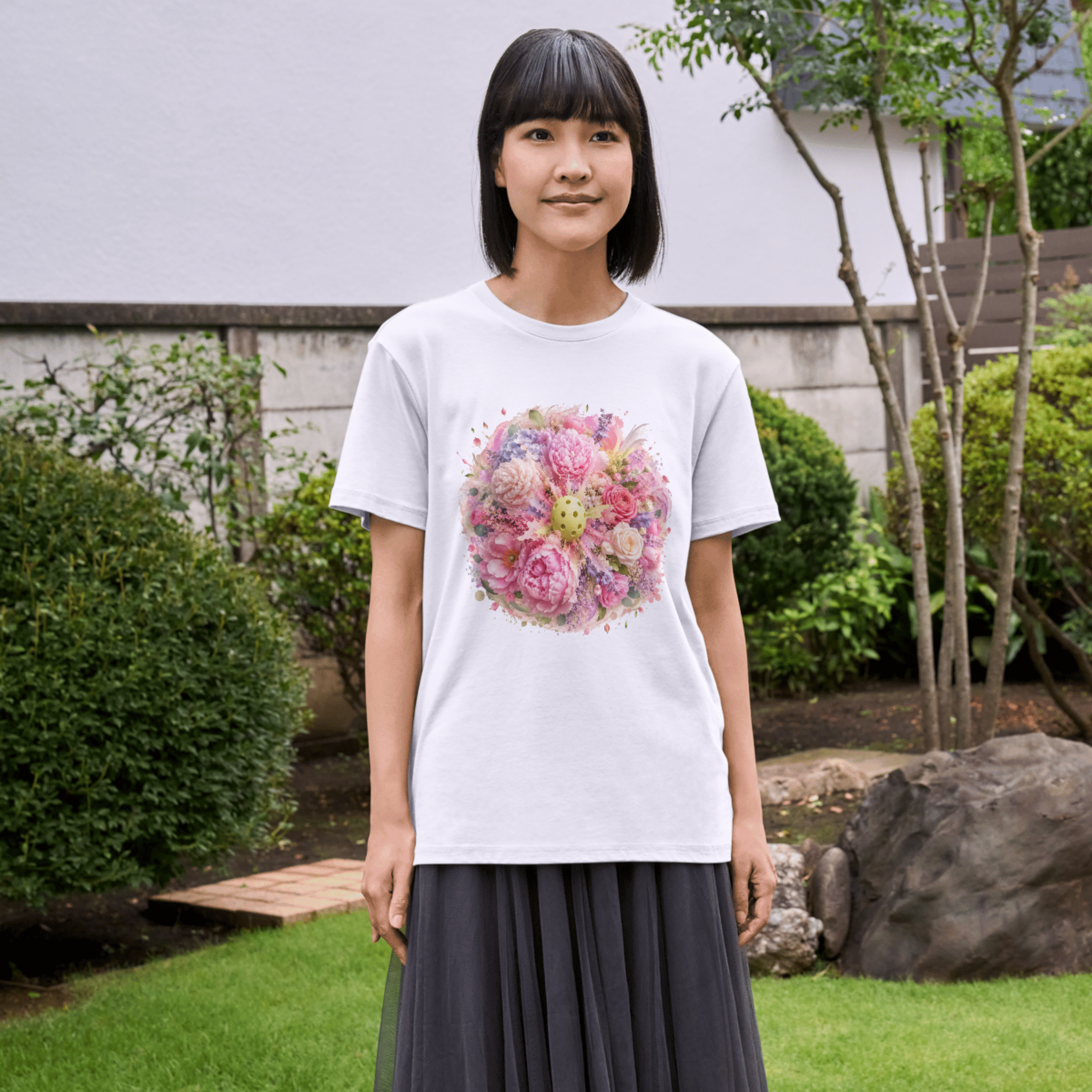 Peony Pickleball Tee by Printify, a unisex cotton T-shirt with a floral peony design, casual and comfortable for everyday wear.