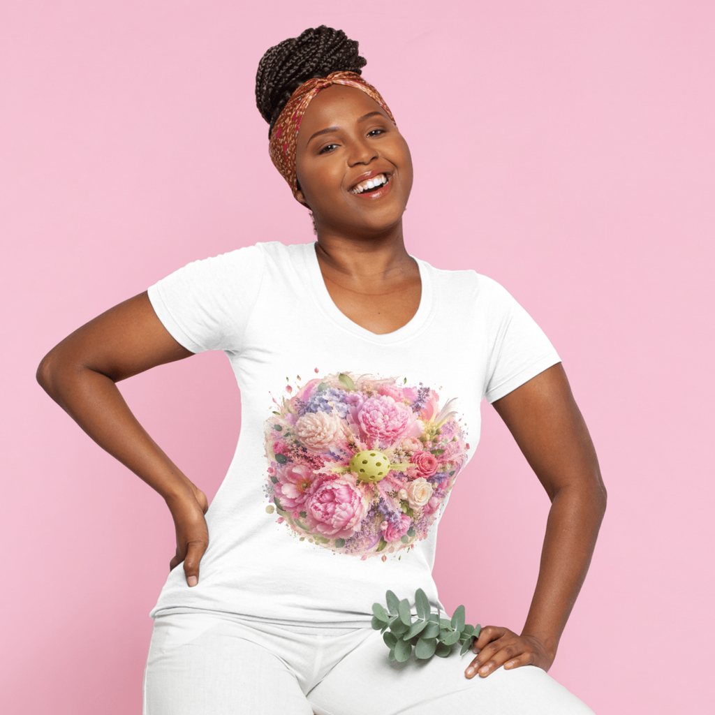 Peony Pickleball Tee by Printify, unisex cotton T-shirt with a colorful peony pickleball design, casual and comfortable fit.