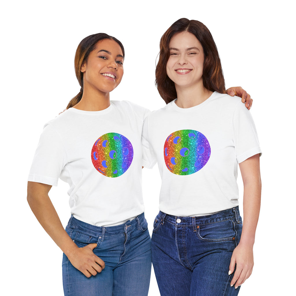 Rainbow glitter pickleball T-shirt with "Loud and Proud" slogan, designed for pride and sports enthusiasts, by Printify.