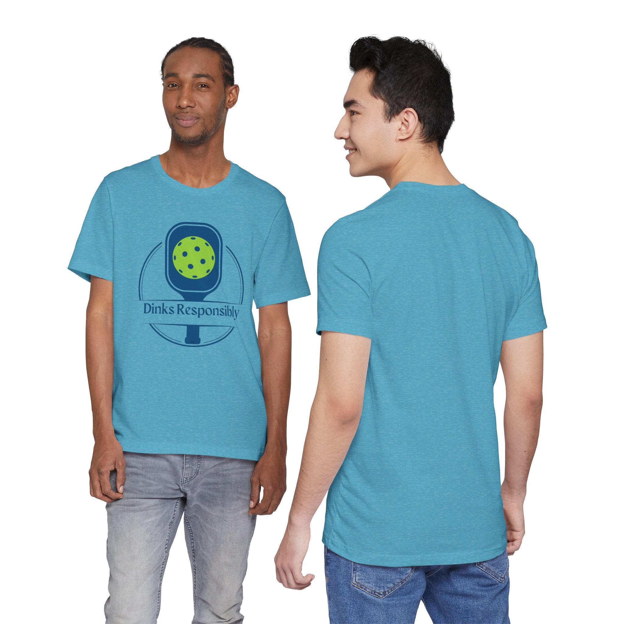 Dinks Responsibly Pickleball T-shirt with paddle and ball graphic, humorous pickleball shirt by Printify.
