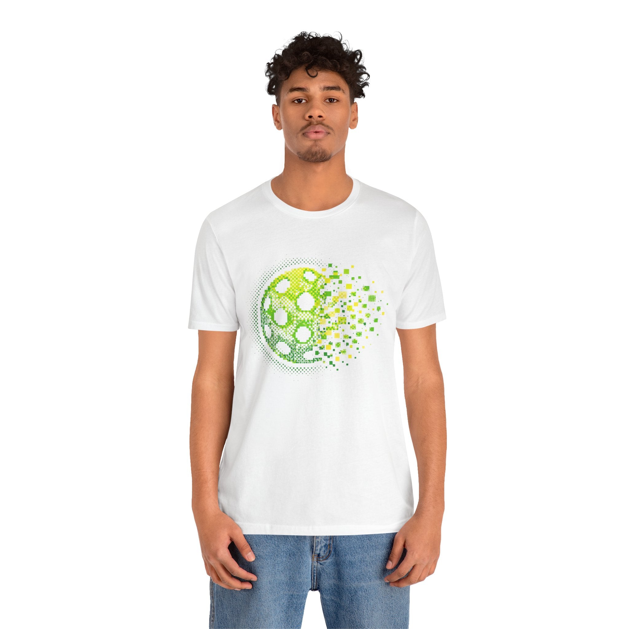 Green Pixelated Pickleball Tee with retro court graphic, casual T-shirt by Printify featuring vibrant pickleball design.