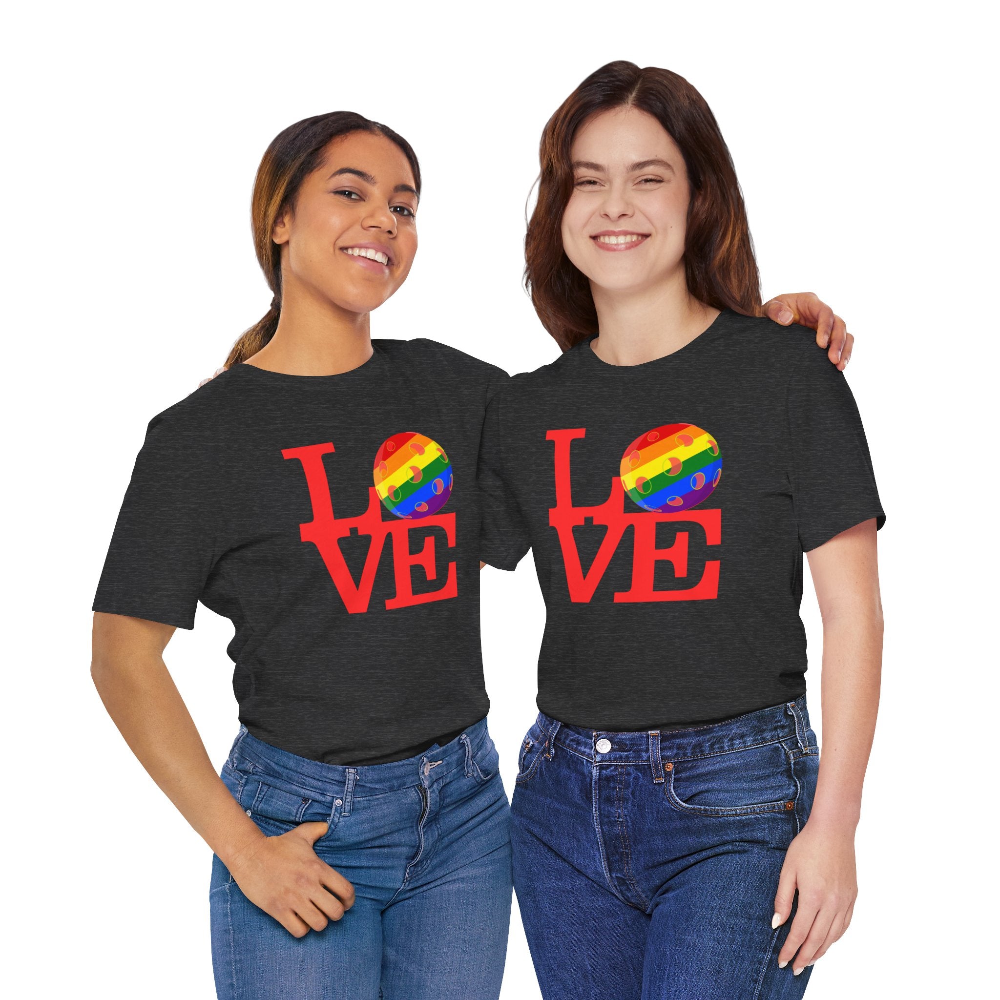 Rainbow LGBTQ2 Pride T-Shirt featuring LOVE Pickleball design, colorful print on a comfortable casual tee by Printify.