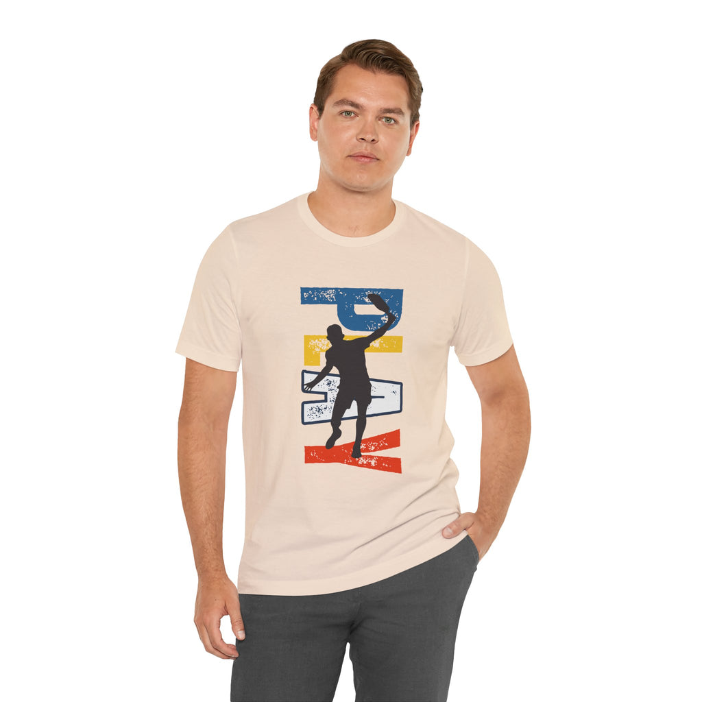 Men's Retro Pickleball Action T-shirt with dynamic front silhouette and vertical "PICKLEBALL" text on the back.