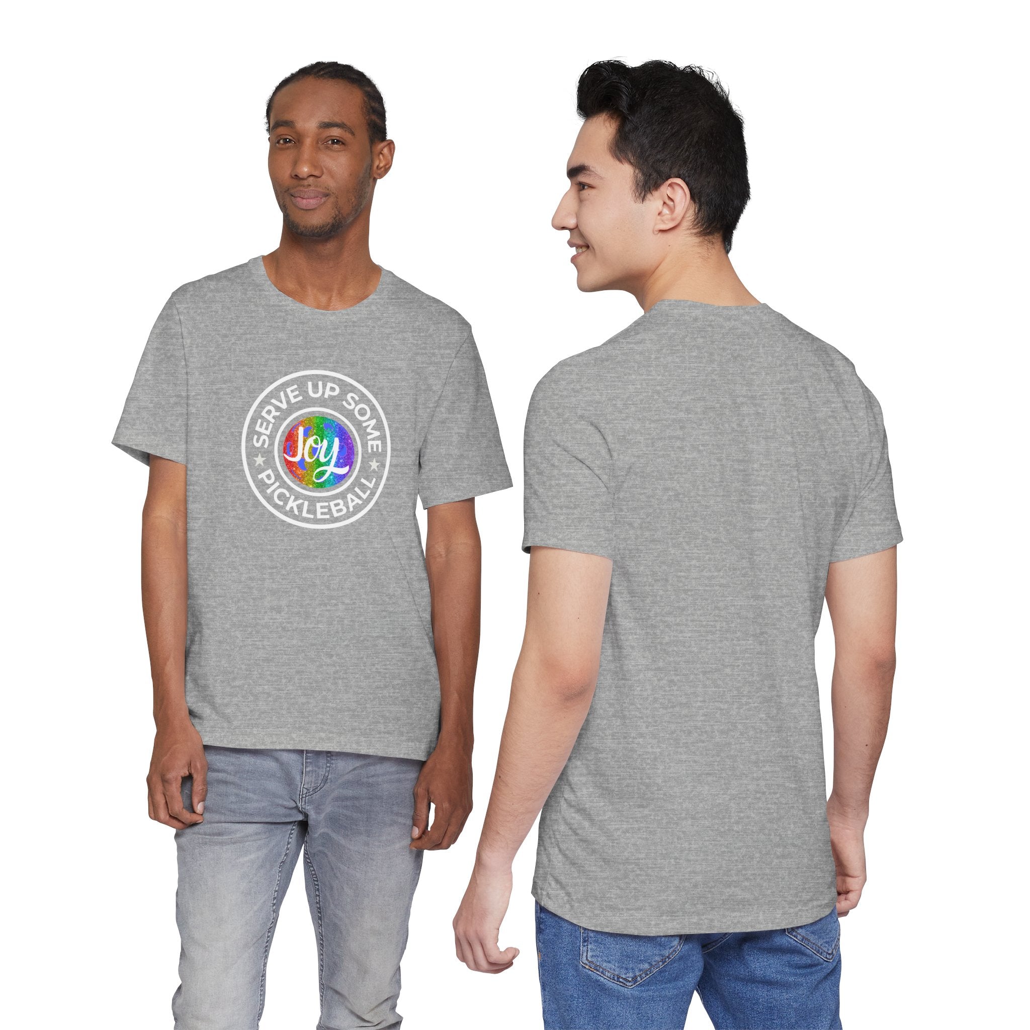 LGBTQ2 pride pickleball T-shirt by Printify featuring colorful rainbow design and sporty fit on a white background.