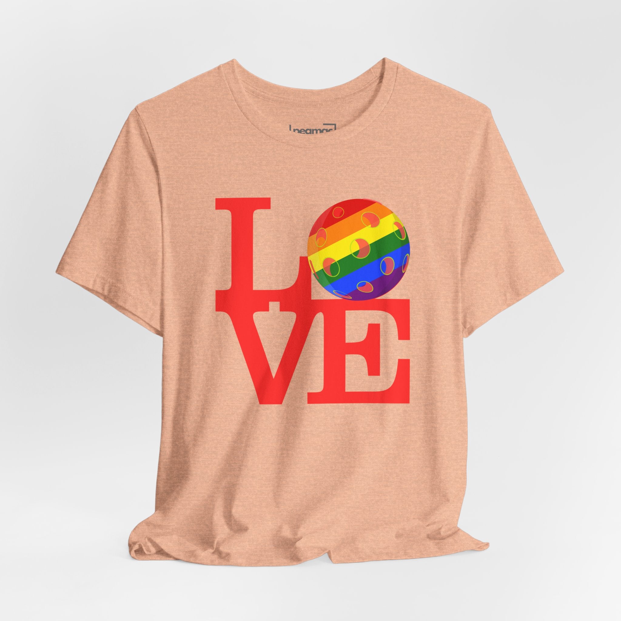 Rainbow LGBTQ2 Pride T-Shirt featuring LOVE Pickleball logo, colorful design, casual fit, and Printify branding on the front.