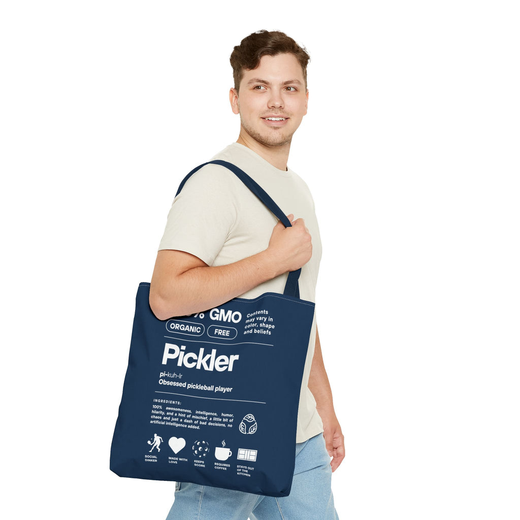 Printify Pickler Tote Bag featuring a humorous male figure pickleball design, made from 100% GMO-Free materials.