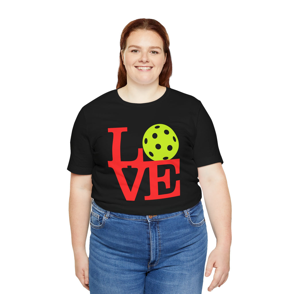 Neon pop art style Pickleball LOVE T-Shirt by Printify featuring bold graphics and vibrant colors on a casual premium tee.