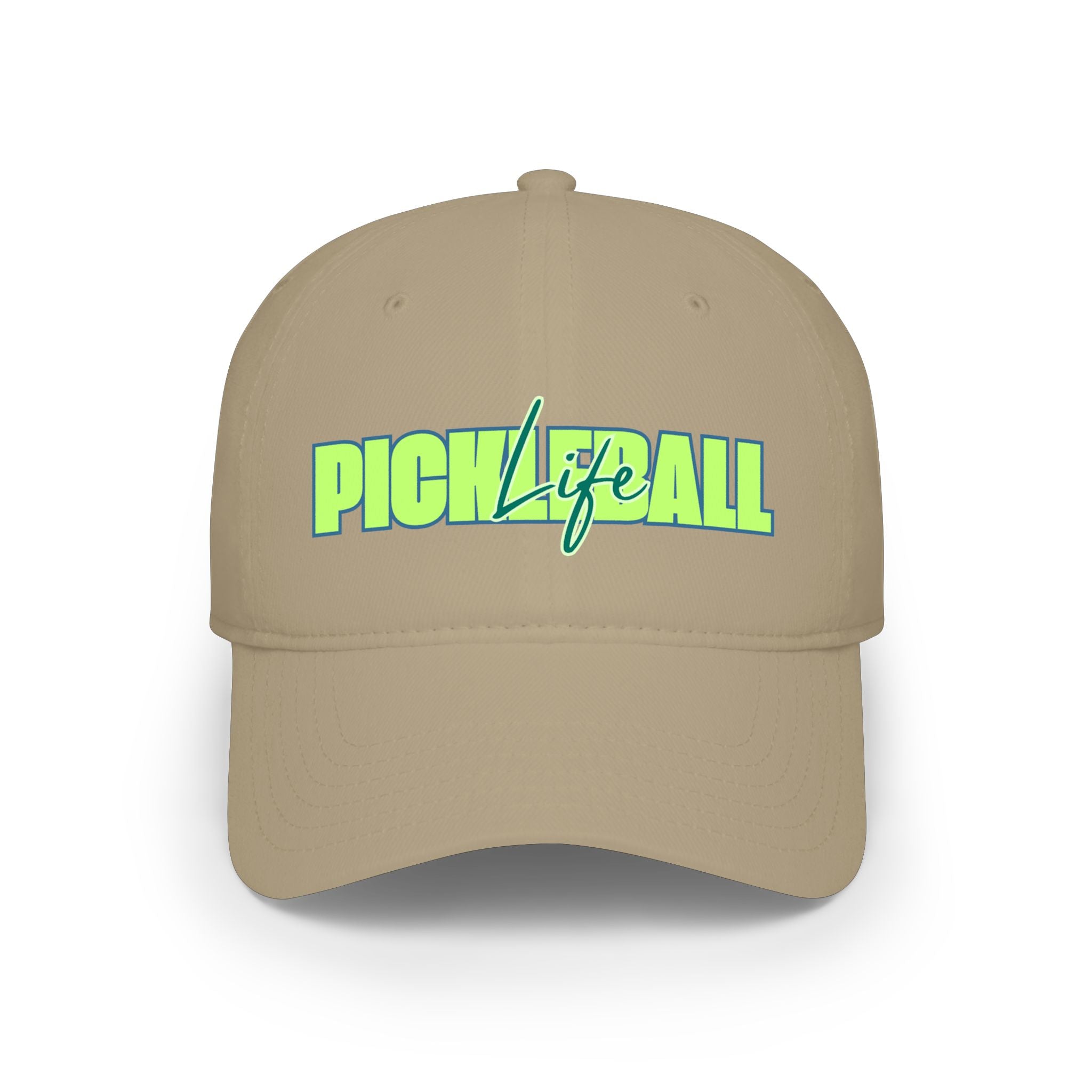 Green and blue script pickleball life low profile baseball cap by Printify, sporty hat with bold design and adjustable fit.