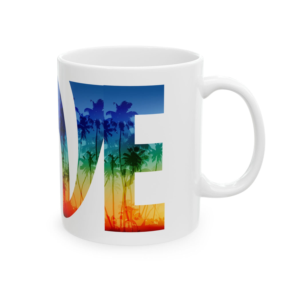 Vibrant rainbow pride ceramic mug with tropical LGBTQ+ design, available in 11oz and 15oz sizes.