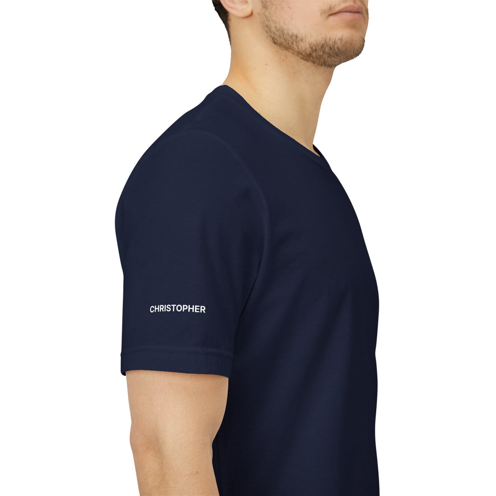 Personalized pickleball T-shirt with custom name sleeve and club logo on back, ideal for pickleball players.